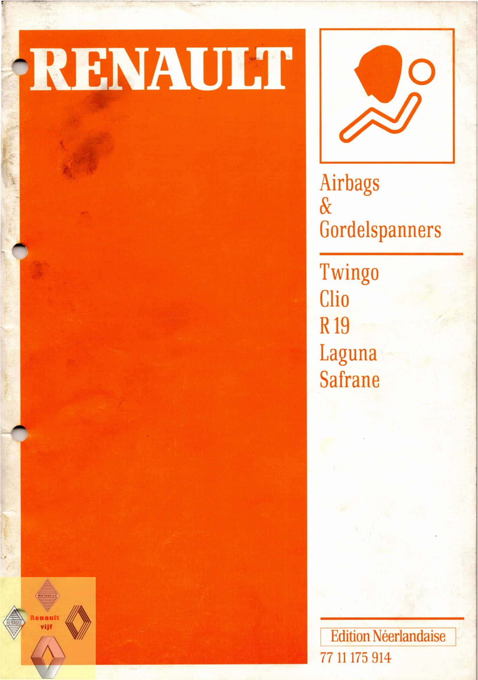 Gebruikt werkplaatshandboek airbags & gordelspanners Renault 19, Clio I, Laguna I, Safrane of Twingo I.