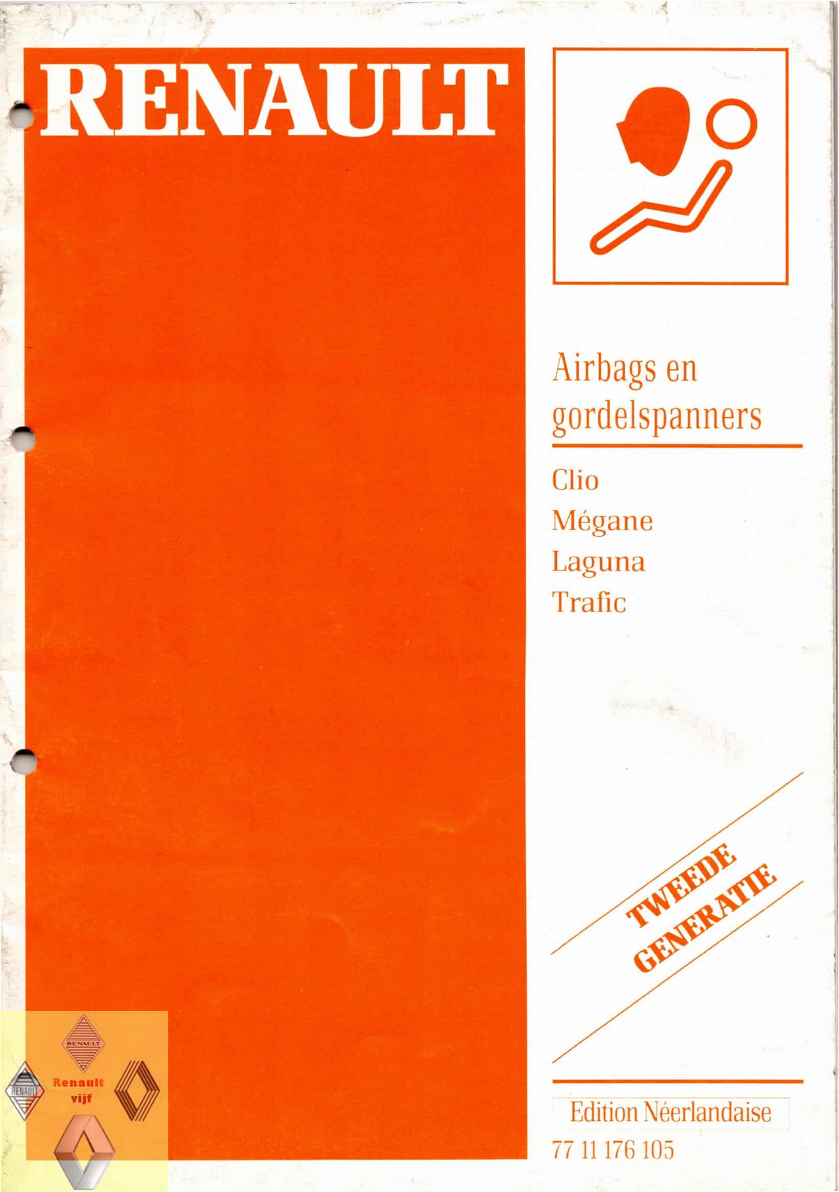 Gebruikt werkplaatshandboek airbags & gordelspanners Renault Clio I, Megane I, Laguna I of Trafic I.