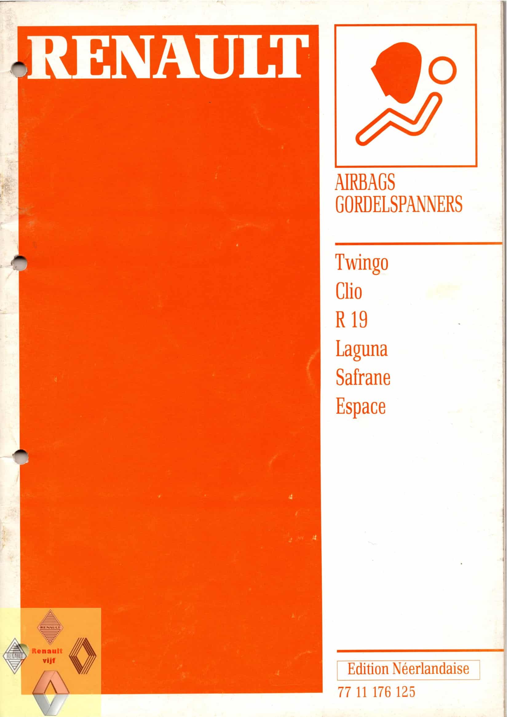 Gebruikt werkplaatshandboek airbags & gordelspanners Renault 19, Clio I, Espace II, Laguna I, Safrane of Twingo I.
